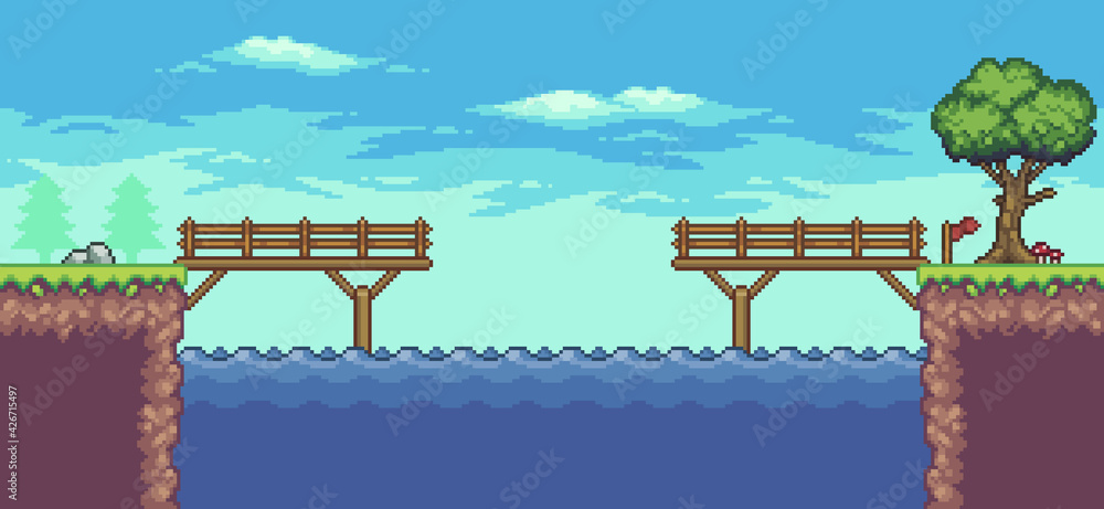 Pixel art arcade game scene with floating platform, river, bridge