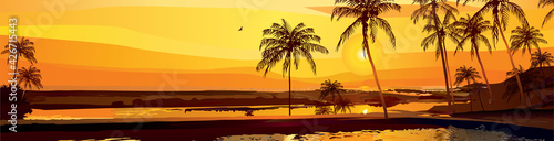 Vector travel banner with tropical landscape at sunset or sunrise. Silhouettes of palm trees against the background of the sky and the calm sea. Romantic summer illustration