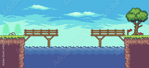 Pixel art arcade game scene with floating platform, river, bridge, trees, and clouds, 8bit background