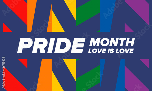 LGBTQIA Pride Month in June. Lesbian Gay Bisexual Transgender. Celebrated annual. LGBT flag. Rainbow love concept. Human rights and tolerance. Poster, card, banner and background. Vector illustration
