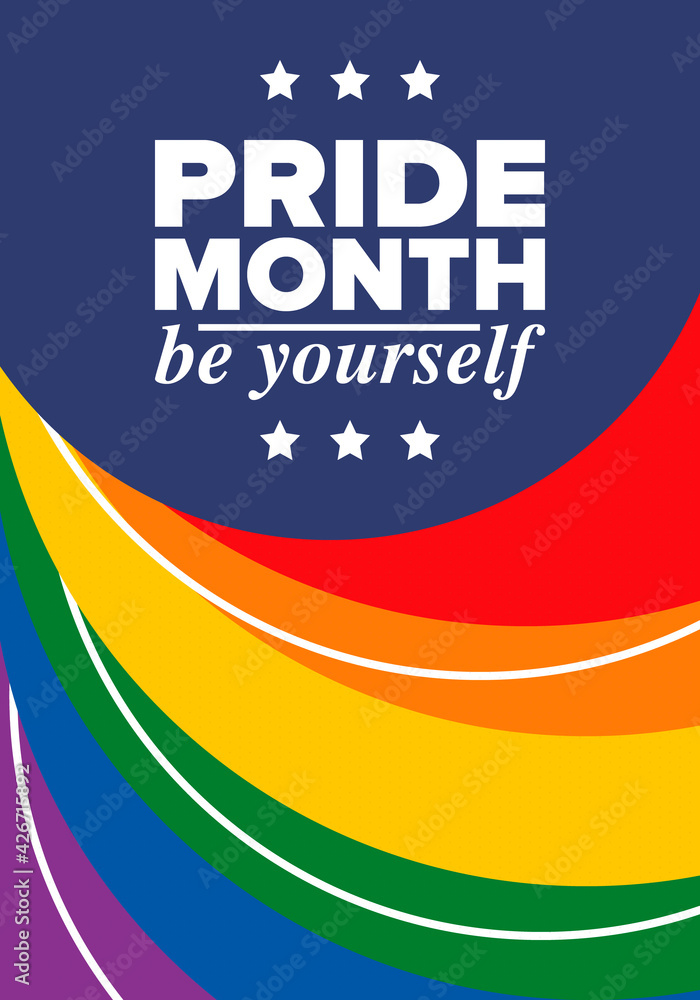 LGBTQIA Pride Month in June. Lesbian Gay Bisexual Transgender. Celebrated annual. LGBT flag. Rainbow love concept. Human rights and tolerance. Poster, card, banner and background. Vector illustration