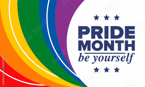 LGBTQIA Pride Month in June. Lesbian Gay Bisexual Transgender. Celebrated annual. LGBT flag. Rainbow love concept. Human rights and tolerance. Poster, card, banner and background. Vector illustration