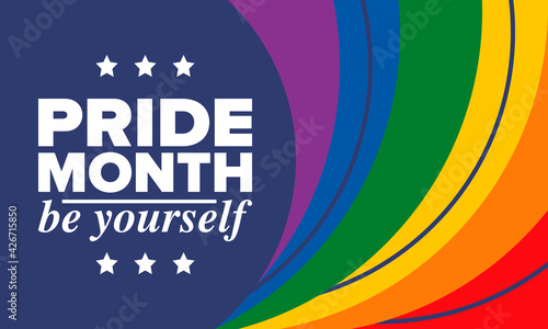 LGBTQIA Pride Month in June. Lesbian Gay Bisexual Transgender. Celebrated annual. LGBT flag. Rainbow love concept. Human rights and tolerance. Poster, card, banner and background. Vector illustration