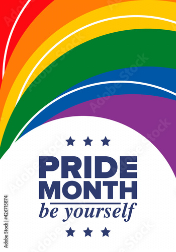 LGBTQIA Pride Month in June. Lesbian Gay Bisexual Transgender. Celebrated annual. LGBT flag. Rainbow love concept. Human rights and tolerance. Poster, card, banner and background. Vector illustration