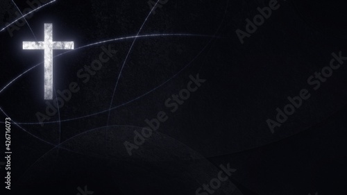 Silver Roman Christian Cross on liturgic black copy space banner background. 3D illustration for online worship church sermon in Advent and Lent. Concept symbolizing penance sacrifice mourning. photo