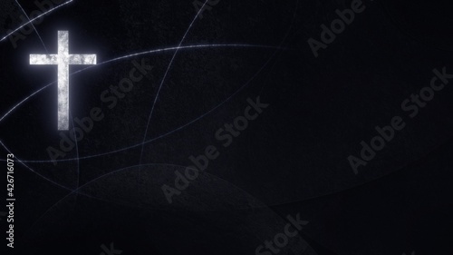 Silver Roman Christian Cross on liturgic black copy space banner background. 3D illustration for online worship church sermon in Advent and Lent. Concept symbolizing penance sacrifice mourning.