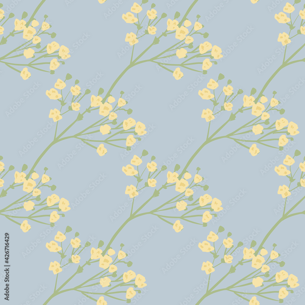 Nature seamless pattern with orange colored gypsophila flower elements print. Pastel blue background.