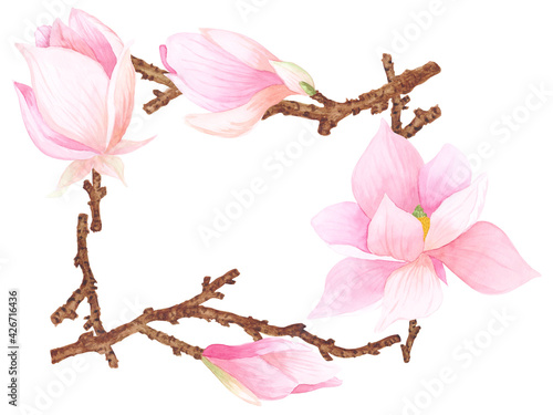 Square frame made of a composition of watercolor magnolia flowers and branches.