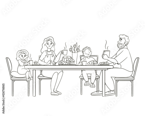 Coloring book, family eating at a large table. Mom, dad and children drink tea and eat sweets. Vector illustration for children, black white line art