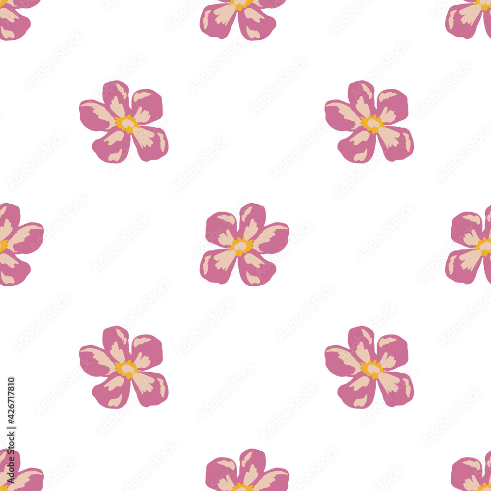 Isolated seamless pattern with doodle pink colored daisy bud ornament. White background. Vintage artwork.