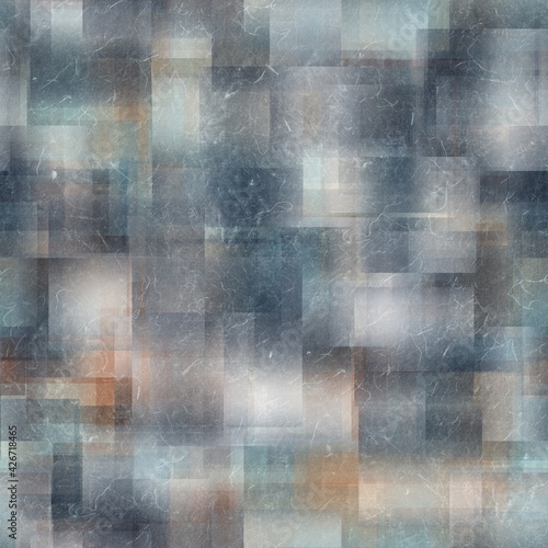 Seamless overlaid geometric shape pattern print. High quality illustration. Transparent rectangles filled with gradient colors scattered. Handmade paper texture overlay.