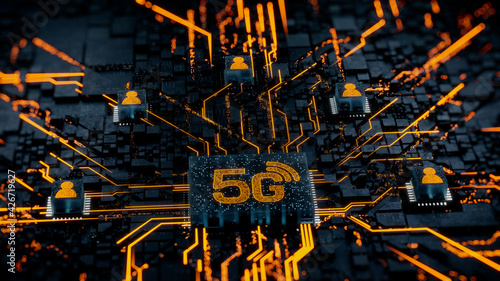 Wireless Technology Concept with 5G symbol on a Microchip. Orange Neon Data flows between Users and the CPU across a Futuristic Motherboard. 3D render. photo
