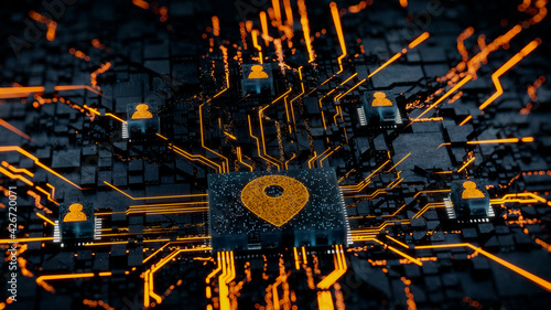 Location Technology Concept with map pin symbol on a Microchip. Orange Neon Data flows between Users and the CPU across a Futuristic Motherboard. 3D render. photo