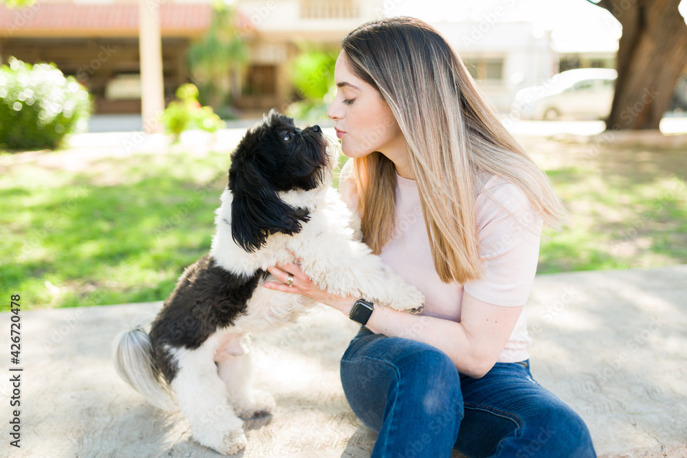 Dog owner giving kisses to a cute small puppy Dog owner giving kisses to a cute small puppy