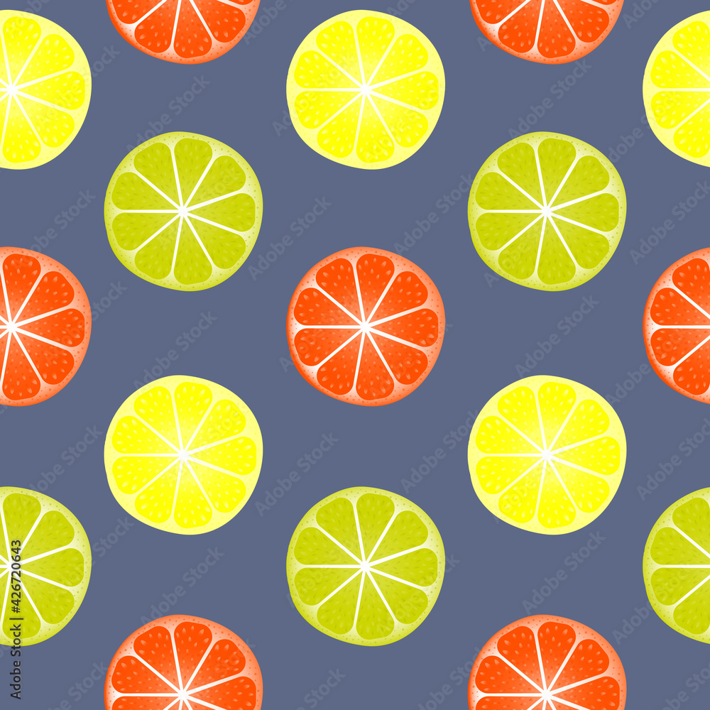 Citrus fruits on blue background. Seamless vector. Grapefruit, orange, lemon, lime. 