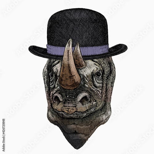 Vector portrait of rhinoceros, rhino. Wild african animal. Bowler hat.