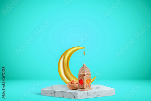 Ramadan 2021 concept. Golden moon and an Arabic traditional lantern placed on a podium. Ramadan concept with space for text.