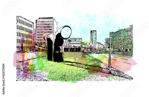 Building view with landmark of Dortmund is a city in Germany. Watercolour splash with hand drawn sketch illustration in vector.