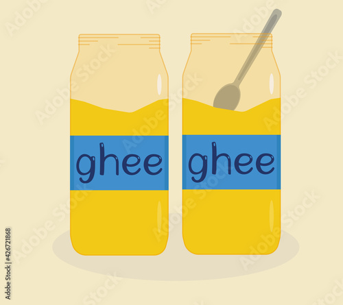 Jar of natural ghee butter (oil). Ghee with a spoon. Flat vector illustration	