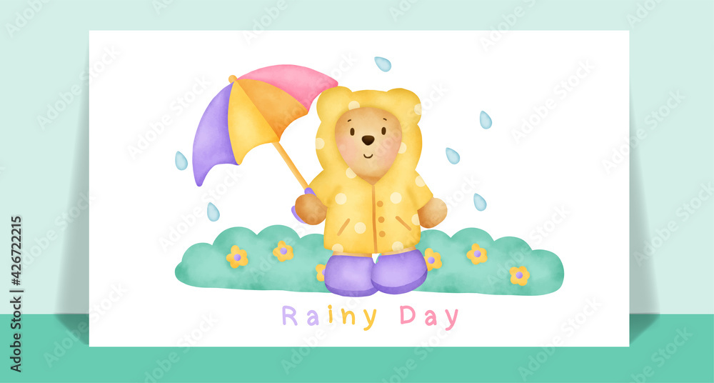 Watercolor cute teddy bear  in the rain for greeting card.