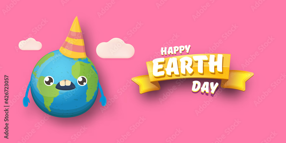 Cartoon earth day horizontal banner with cute smiling earth planet character with funny hat isolated on pink sky background. Eath day concept horizontal design template with funny kawaii earth globe Cartoon earth day horizontal banner with cute smiling earth planet character with funny hat isolated on pink sky background. Eath day concept horizontal design template with funny kawaii earth globe