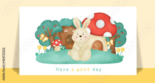 Watercolor cute rabbit  in the forest for greeting card.
