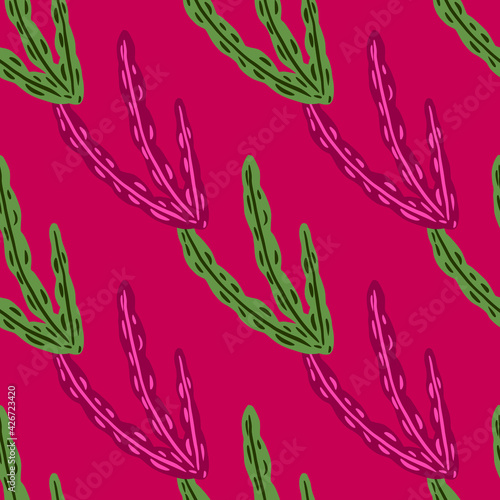 Sea foliage seamless pattern with hand drawn green seaweeds ornament. Pink background. Doodle design.