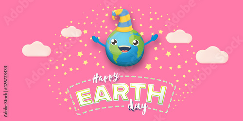 Cartoon earth day horizontal banner with cute smiling earth planet character with funny hat isolated on pink sky background. Eath day concept horizontal design template with funny kawaii earth globe