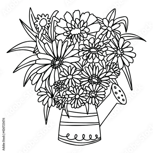 Vector vase of flowers in doodle style on a transparent background. A watering can instead of a flower vase