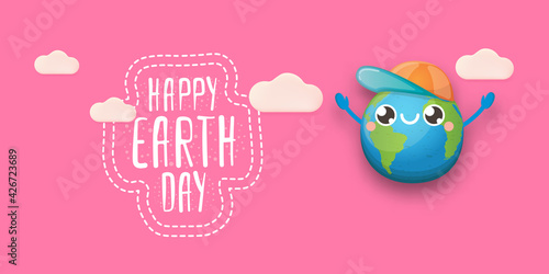 Cartoon earth day horizontal banner with cute smiling earth planet character with funny hat isolated on pink sky background. Eath day concept horizontal design template with funny kawaii earth globe