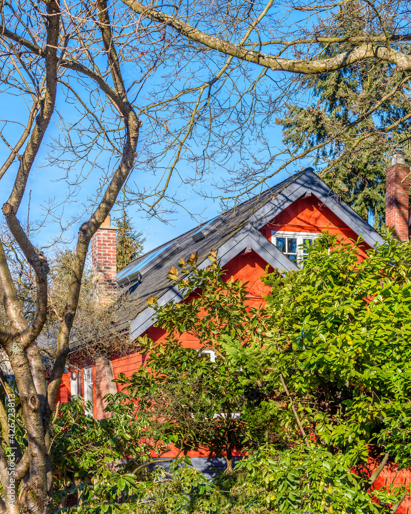 Top of a very neat and colorful home with gorgeous outdoor landscape in suburbs of Vancouver, Canada