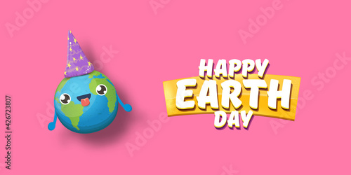 Cartoon earth day horizontal banner with cute smiling earth planet character with funny hat isolated on pink sky background. Eath day concept horizontal design template with funny kawaii earth globe