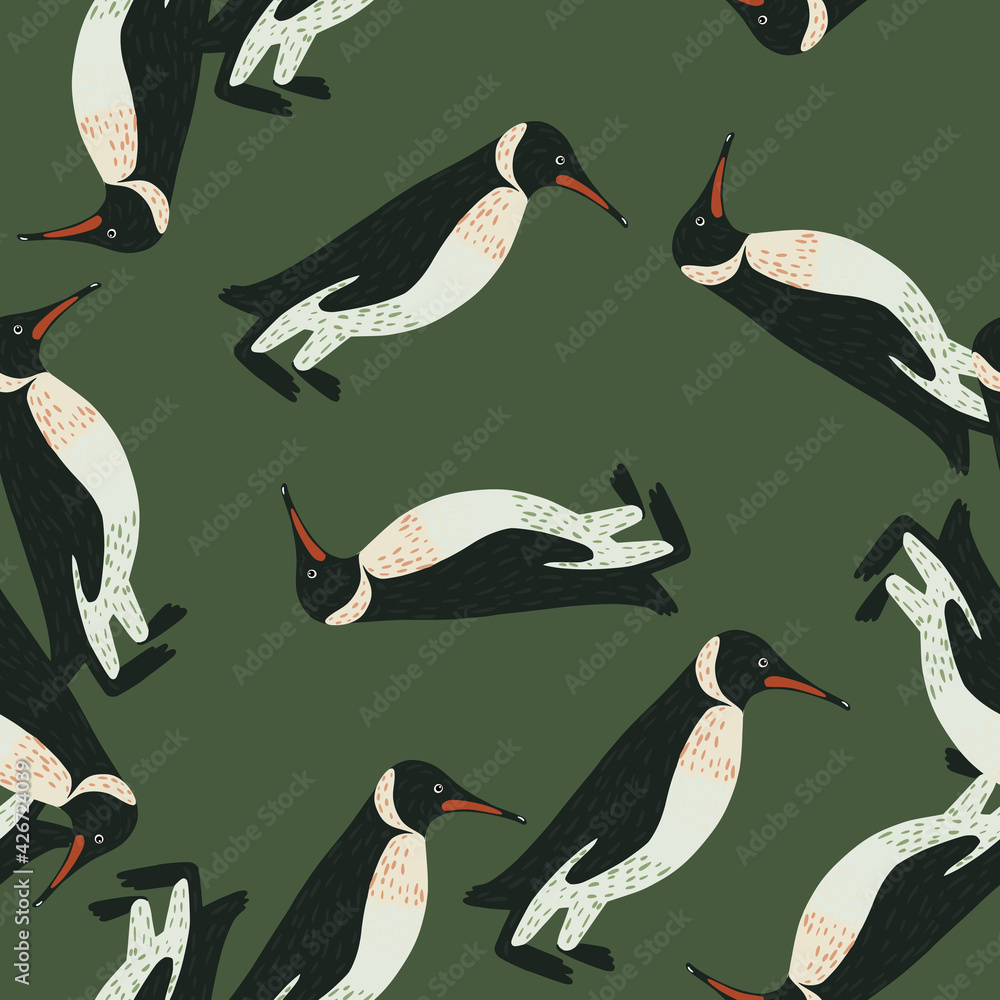 Obraz premium Seamless random pattern with hand drawn penguin random silhouettes. Green olive background.
