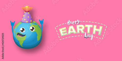 Cartoon earth day horizontal banner with cute smiling earth planet character with funny hat isolated on pink sky background. Eath day concept horizontal design template with funny kawaii earth globe