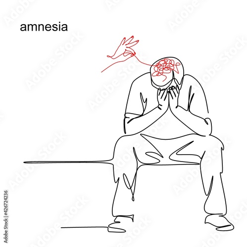 An elderly person with dementia needs help. A woman's hand helps a man in the fight against amnesia and mental disorder. The concept of memory loss. Line drawing