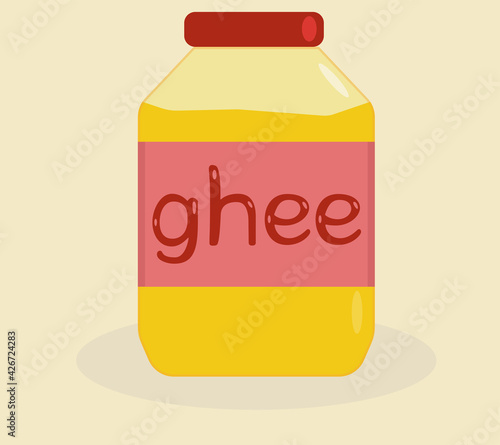 Jar of natural ghee butter (oil). Flat vector illustration.	
Bright yellow ghee butter in glass