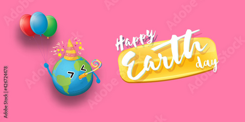Cartoon earth day horizontal banner with cute smiling earth planet character with funny hat isolated on pink sky background. Eath day concept horizontal design template with funny kawaii earth globe