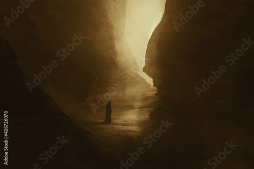 Foto traveler in a dark canyon, surreal landscape