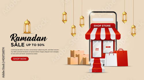Ramadan kareem sale banner template with 3d online shopping on mobile applications