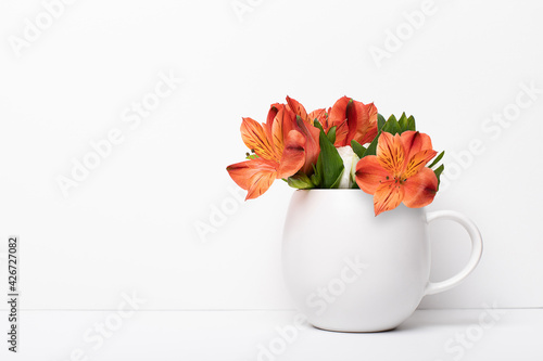 Astromeria flower in tea coffee white mug cup. Mockup concept with plant buds. Studio shot with copy space. photo