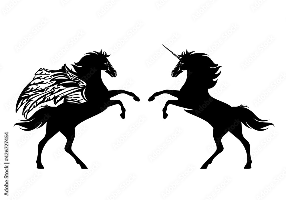 beautiful rearing up fairy tale unicorn horse and winged pegasus silhouette - rampant animal black and white vector design set