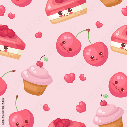 Cherry cake, cute berry, cupcake cartoon characters. Vector kawaii cartoon food illustration in seamless pattern on light pink colors. Adorable baby shower decoration, wrapping paper, fabric print.