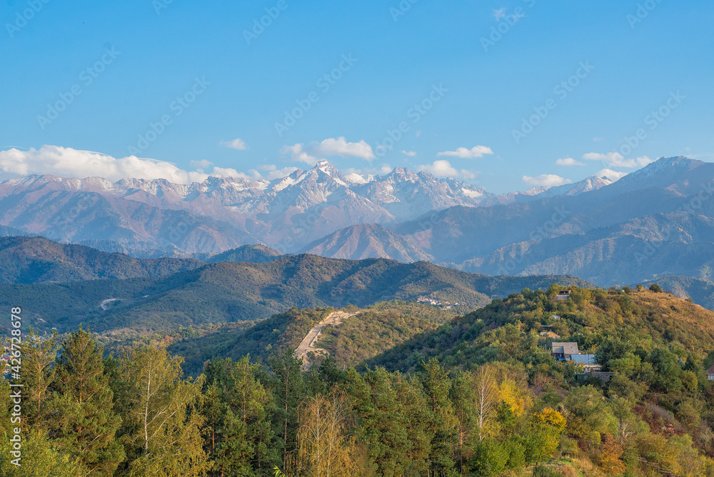 Beautiful landscape of the snowy mountains peaks