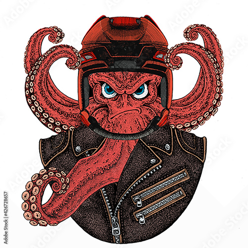 Octopus vector portrait. Sea marine creature, beast. Hockey helmet.