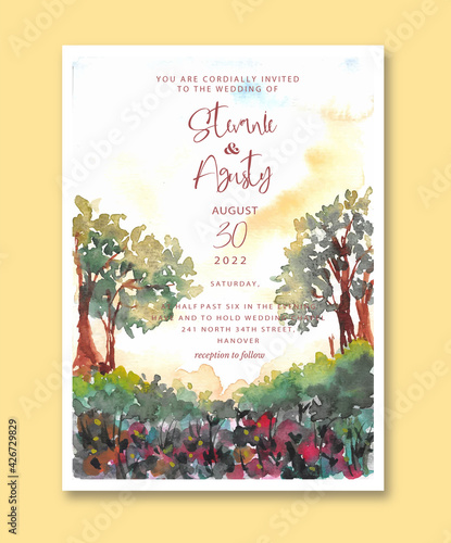 Wedding Invitation With Nature Forest Watercolor Background photo