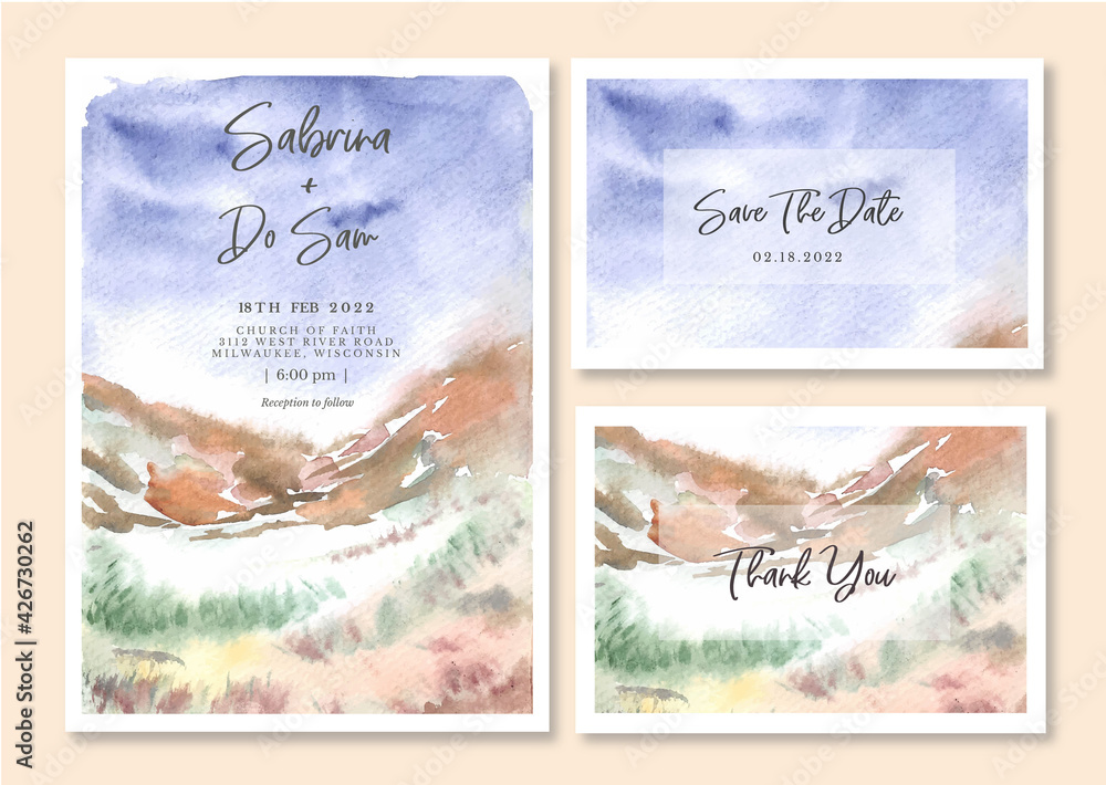 Fototapeta premium Wedding invitation with watercolor landscape of Hill and blue sky