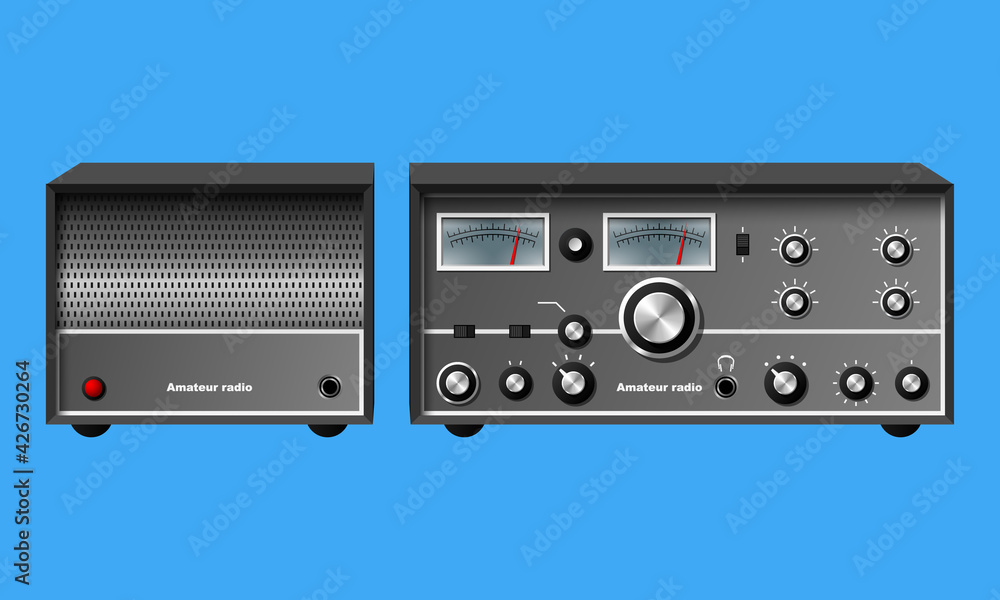 Fototapeta premium Retro amateur radio station vector illustration isolated on blue background.