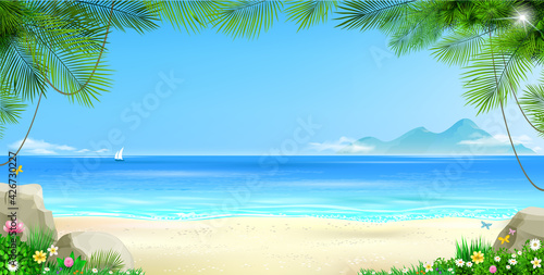 Wide tropical beach banner background and palm