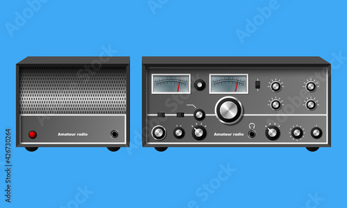 Retro amateur radio station vector illustration isolated on blue background.