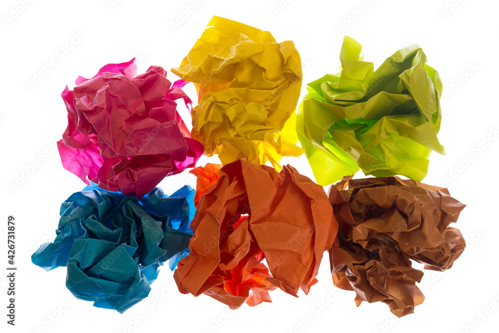  Crumpled color paper balls on white background